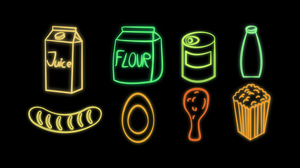 Neon bright glowing multicolored set of eight icons of delicious food and snacks items for restaurant bar cafe: juice, flour, canned food, milk, sausage, egg, chicken leg, popcorn