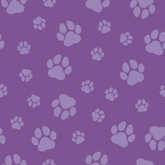 Fototapeta na wymiar Purple Paw Print Seamless Vector Pattern. Cute, fun animal illustration background. Dog and cat pet themed foot print silhouette motif, repeating wallpaper texture design. 