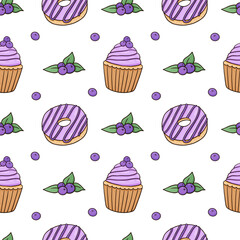 Seamless pattern with glazed donuts and cupcakes with blueberries on white background. Vector background in colored doodle style. Perfect for menu, wrapping paper, packaging designs, decorations.