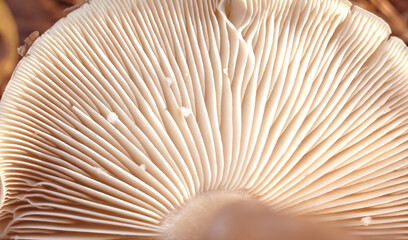 Texture of mushroom bottom among green moss. Macro photo of mushroom texture