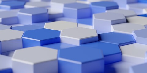 Random shifted blue honeycomb hexagon geometrical pattern background with selective focus