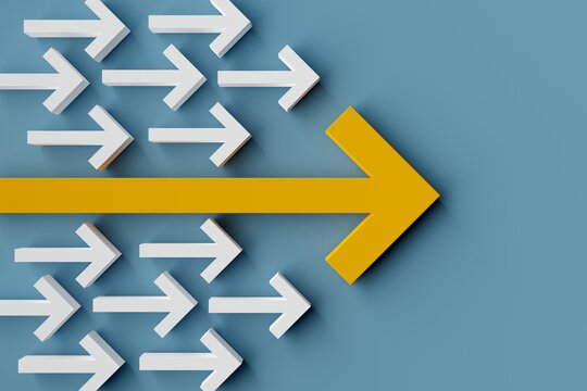 Group of arrows with one big arrow leading over blue background, teamlead, leadership, success or winner concept