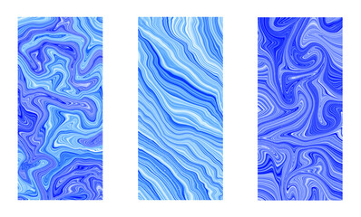 Abstract, liquid art mobile phone screen wallpaper with three option. Set of vertical abstract  backgrounds.  Blue color screen wallpaper template. 