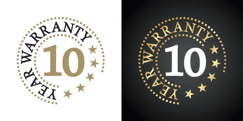 10 Year Warranty five stars white gold black logo icon label button stamp vector - obrazy, fototapety, plakaty
