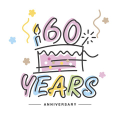 60 Years Anniversary handwritten typography lettering Greeting card with colorful big cake, sparkle firework, number, candle and confetti