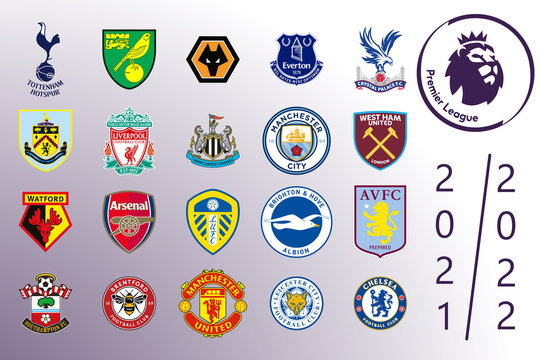Saint-Petersburg, Russia - July 13, 2021: Logos of all 20 teams of the English Premier League and the logo of the league itself. Icons of football teams of the first league of the 2021-2022 season.