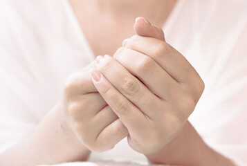 Hands depicting many gestures isolated on light background. Hand and skin care