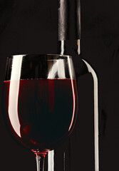 Silhouette of a bottle and glass of wine on a black background.