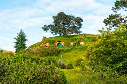 Bilbo Baggin's hobbit hole in Hobbiton village from the movies The Hobbit and Lord of the Rings