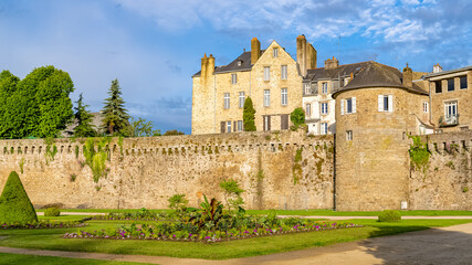 Fototapeta premium Vannes, medieval city in Brittany, view of the ramparts garden with flowerbed 