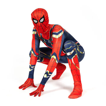 An actor disguised as a Spiderman costume in the studio against a white background, Belarus, July, 2021.