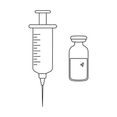 Outline syringe and vaccine vial icons isolated on white background. Vaccination and immunization concept. Editable stroke. Vector illustration in linear style.