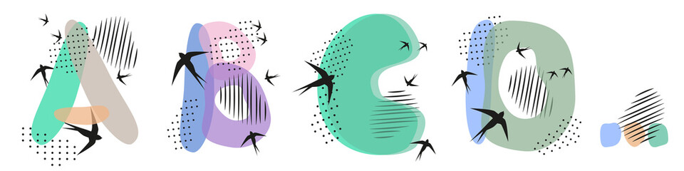 Set of  hand drawn letters A, B, C, D. Flock of swallows is flying. Abstract objects, spots, dots, shadows with black ink and feathers. Vector illustration, birds, pastel colors.