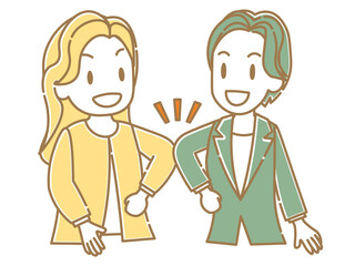 肘タッチで挨拶する女性二人_フラット