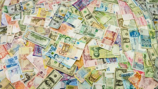 Colorful different country Paper Money background, studio shot.