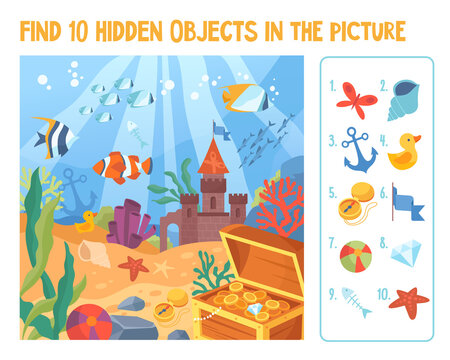Marine life or underwater life concept. Find 10 hidden objects in the picture. Puzzle Hidden Items. Flat cartoon vector illustration