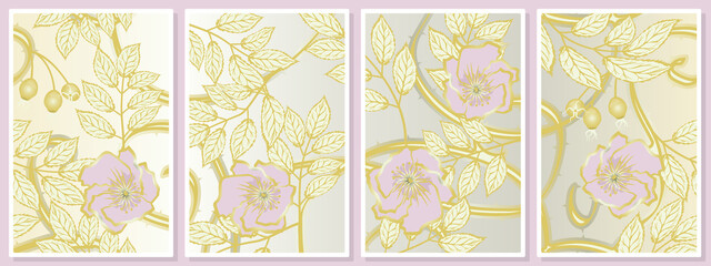 golden leaves and berries and pale pink dog-rose flowers - wall art vector set, for wall art, poster, wallpaper, print
