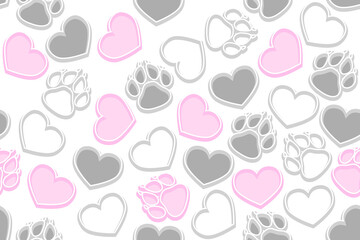 white, gray and pink hearts and paws with 3d effect, seamless pattern in light colors
