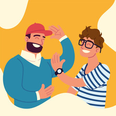 men smiling greeting