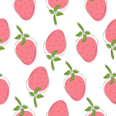 Red strawberry with green leaves seamless pattern on white background, line art, hand drawn sketch