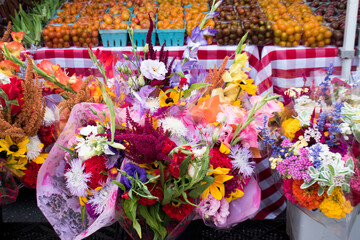 Bouquet of flowers on display for sale at farmer's market