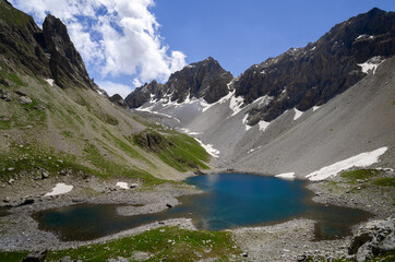 Apsoi lake, mountain lake on the path to colle delle muine (pass of muine) in maira valley, beautiful landscape in the maritime alps of Piedmont, Italy