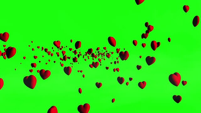 Red hearts on green chroma key background