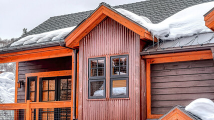 Pano Cozy wooden cabin house in the scenic mountain neighborhood with snow in winter