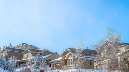 Pano Scenic town on a winter landscape with homes and trees covered with fresh snow