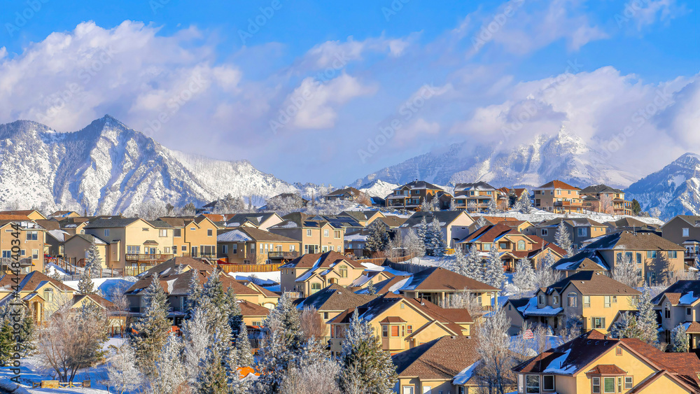 Canvas Prints Pano Aerial view of a homes in snowy neighborhood of scenic Highland Utah in winter