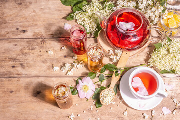 Assorted tea made from flowers. Fresh elderberry, rose hip, and acacia.