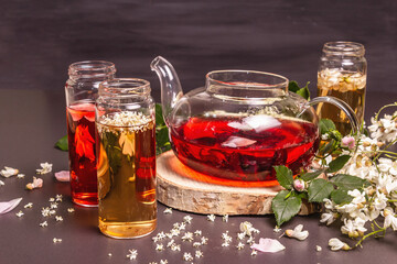 Assortment flowers tea. Fresh elderberry, rose hip, and acacia