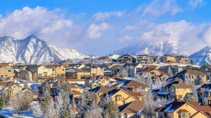 Pano Aerial view of a homes in snowy neighborhood of scenic Highland Utah in winter