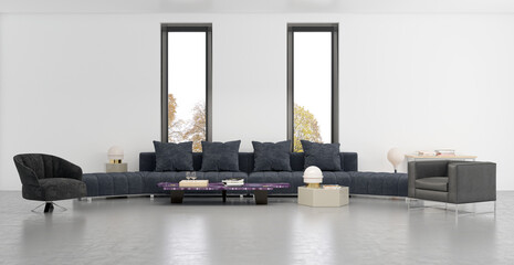 Fototapeta premium Illustration 3D rendering large luxury modern bright interiors Living room mockup computer digitally generated image