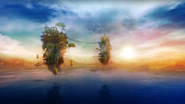 Fantastic flying islands over the lake at sunrise, 3D render.