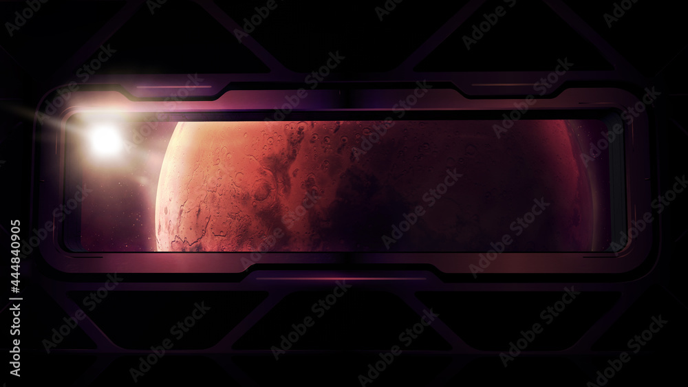 Wall mural window of a spaceship overlooking the mars planet.