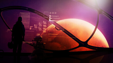 Fototapeta premium Astronaut and droid at the porthole of a spacecraft approaching Mars.