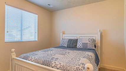 Pano Bedroom interior with double bed window and flush mount dome ceiling light