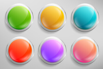 Realistic glass spheres set with silver frame. Transparent glossy 3d buttons collection with glares and shadow isolated on gray background. Beautiful round banners with highlights. Vector EPS10