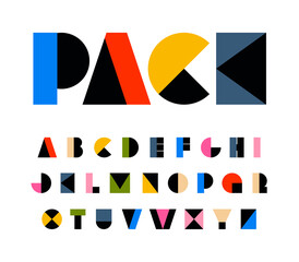 Rainbow color art alphabet, geometric letters for festival. Shapes primitive carnival font, birthday headline, kids zone and children toys logo.Funny and joy vibrant style type design,vector typeset