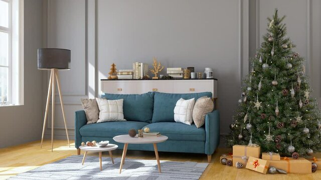 Christmas tree and sofa with  presents in living room