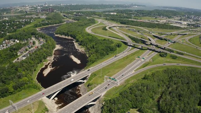 Highway in Levis near Quebec City in Canada from drone