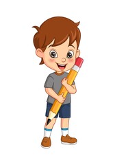 Cartoon cute little boy holding big pencil