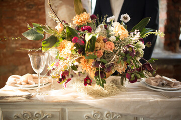 wedding bouquet on the table in the restaurant