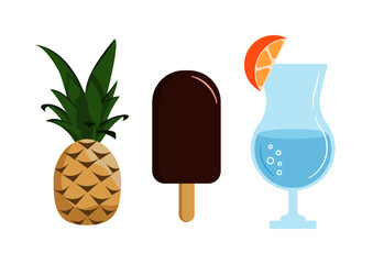 Letni zestaw ikon - ananas, lód w czekoladzie i napój - koktajl w wysokiej przeźroczystej szklance z kawałkiem pomarańczy. Kolekcja wakacyjnych ilustracji w prostym stylu na białym tle.