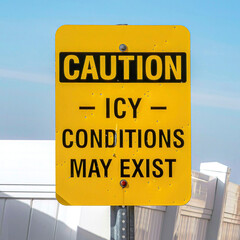 Square Caution Icy conditions May Exist signage on a sunny neighborhood in winter