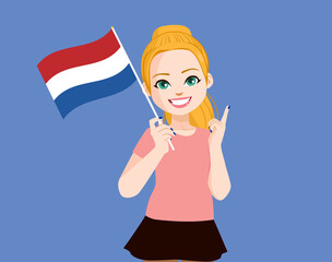 Young beautiful dutch woman smiling holding Netherlands flag and pointing finger up