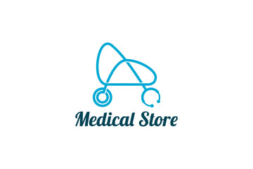 Vector logo element with illustration of a stethoscope in the shape of a shopping trolley or stroller. Usable for logos of medical devices or baby clinics and pharmacies or drugstores