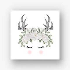Deer antlers gardenia white flower watercolor illustration