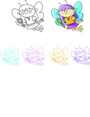 A faery with a wand colored in bright colors, outlined in black and white and with four different colors for the outline